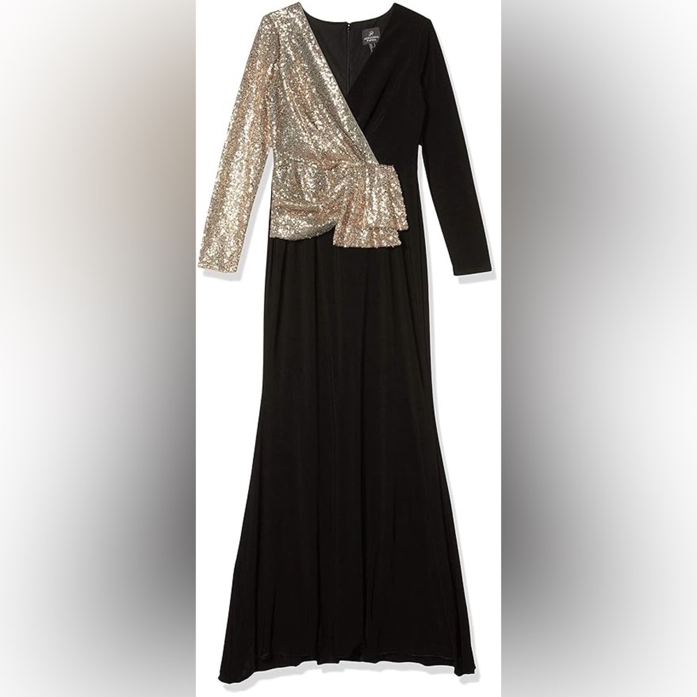 Adrianna Papell black and gold sequin jersey gown